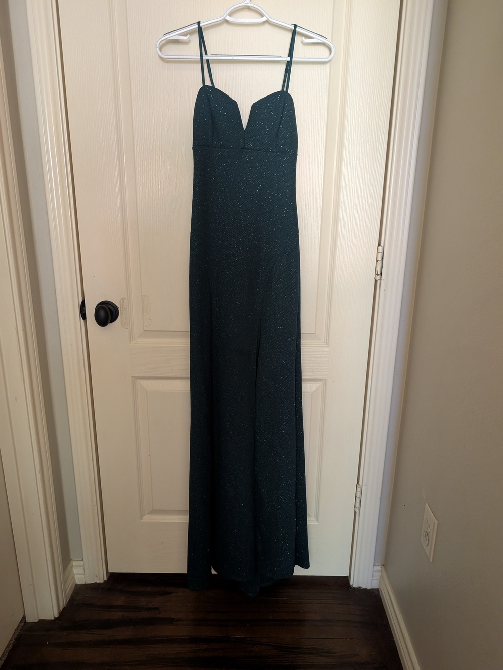 Honey and Rosie Teal Green Glitter Spaghetti-Strap Prom Dress